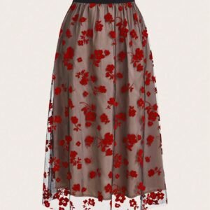 SHEIN Red Floral Embroidered Sheer Mesh Skirt – Size L