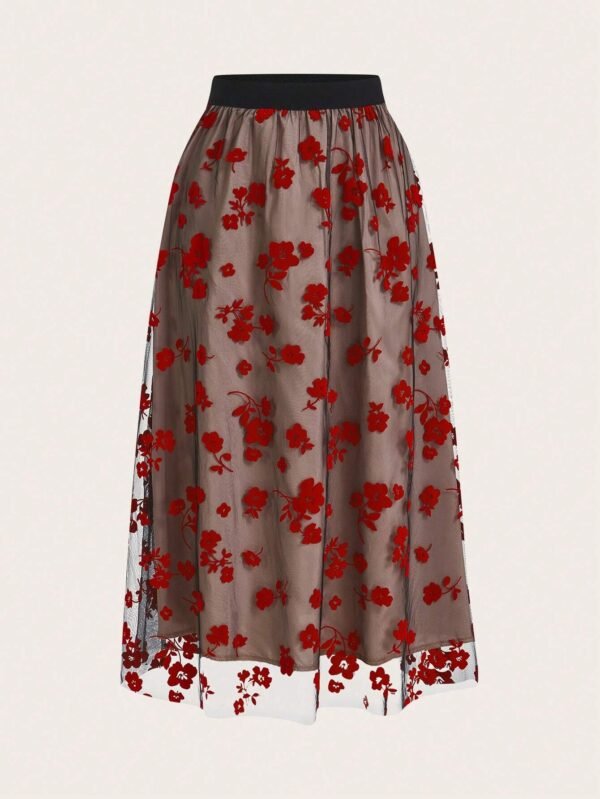 SHEIN Red Floral Embroidered Sheer Mesh Skirt – Size L