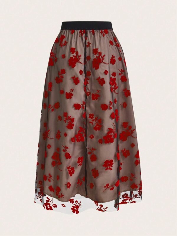 SHEIN Red Floral Embroidered Sheer Mesh Skirt – Size L