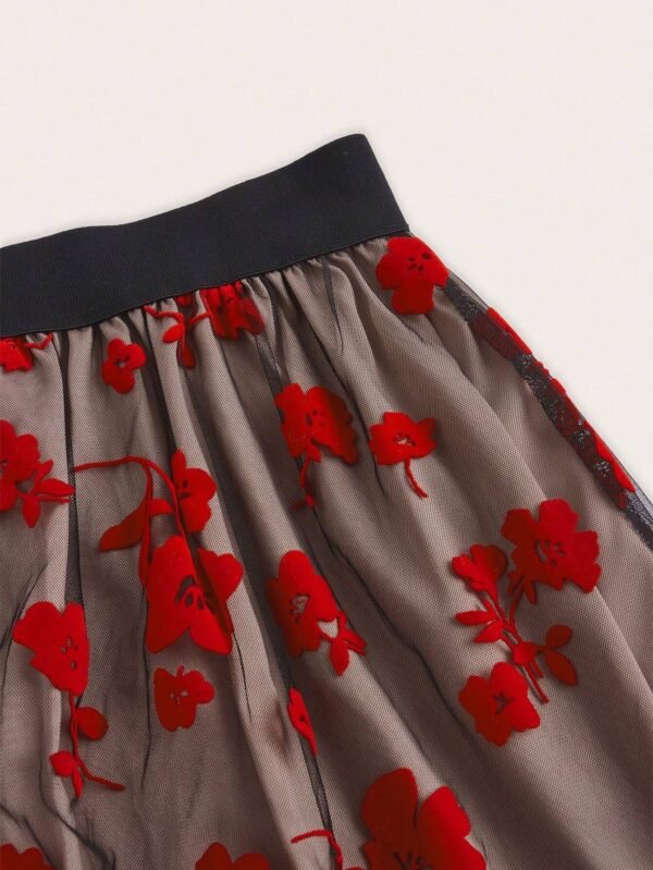 SHEIN Red Floral Embroidered Sheer Mesh Skirt – Size L