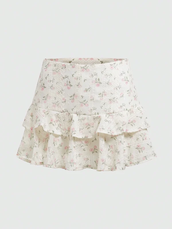 ROMWE Floral Ruffle Hem Mini Skirt – Cream White, Size S