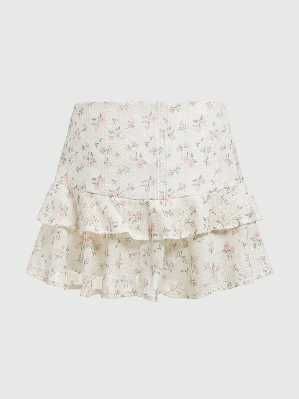 ROMWE Floral Ruffle Hem Mini Skirt – Cream White, Size S