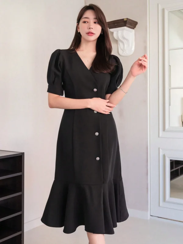 Dazy Women’s Black Midi Dress – Puff Sleeve, V-Neck, Button-Front Elegant Fit, Size L