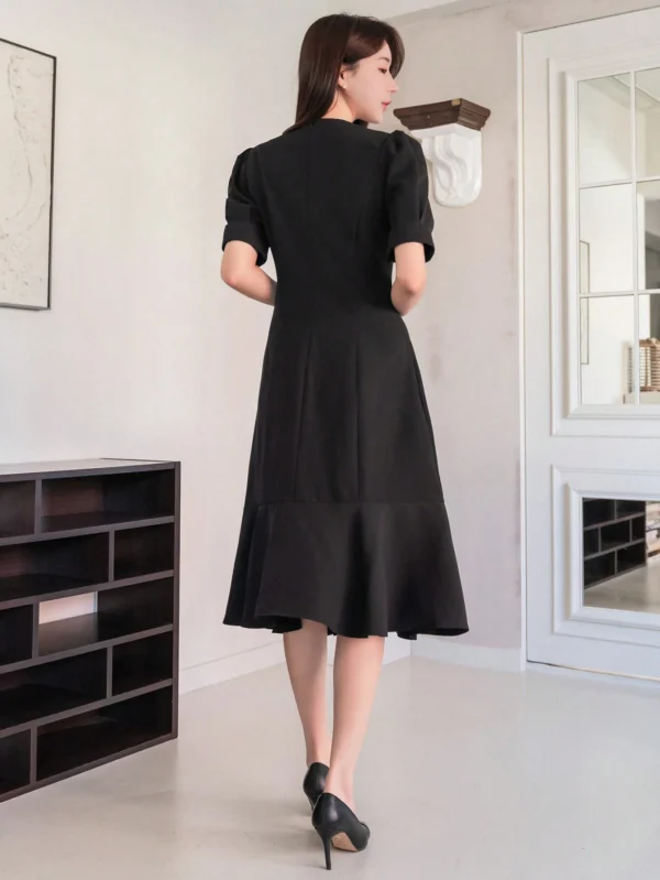 Dazy Women’s Black Midi Dress – Puff Sleeve, V-Neck, Button-Front Elegant Fit, Size L