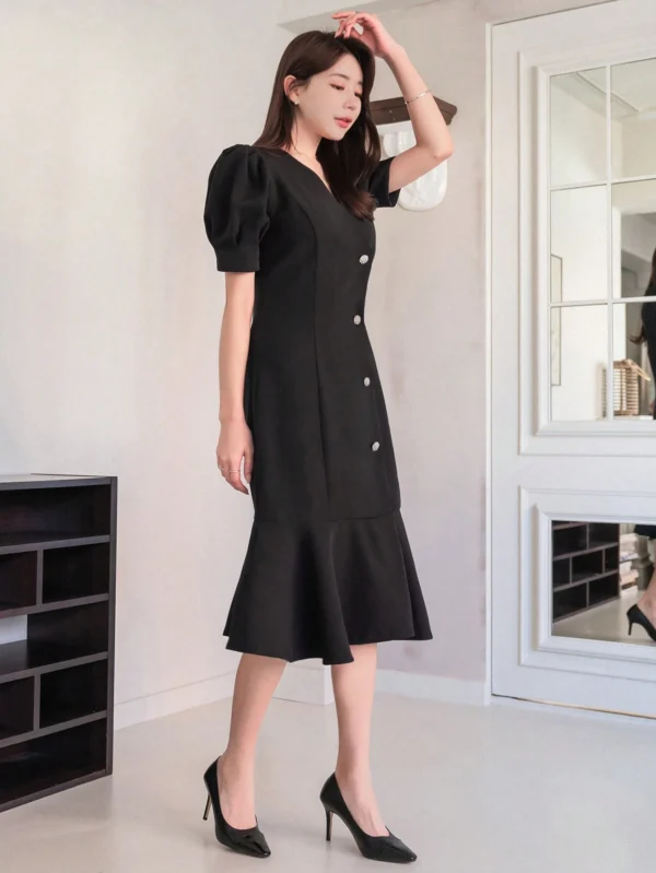 Dazy Women’s Black Midi Dress – Puff Sleeve, V-Neck, Button-Front Elegant Fit, Size L