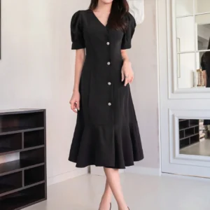 Dazy Women’s Black Midi Dress – Puff Sleeve, V-Neck, Button-Front Elegant Fit, Size L