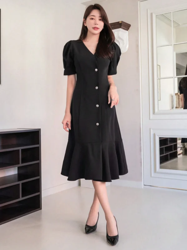 Dazy Women’s Black Midi Dress – Puff Sleeve, V-Neck, Button-Front Elegant Fit, Size L