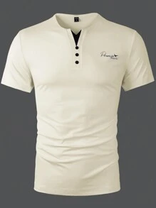 Manfinity Men’s Cream Henley T-Shirt with Chest Logo – Short Sleeve, Size L
