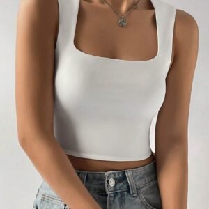 Shein White Square Neck Crop Top – Sleeveless Fitted Tank, Size M