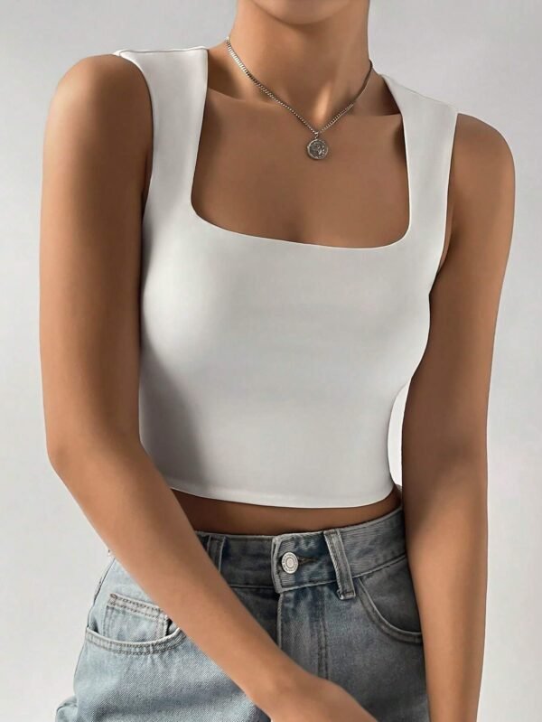 Shein White Square Neck Crop Top – Sleeveless Fitted Tank, Size M