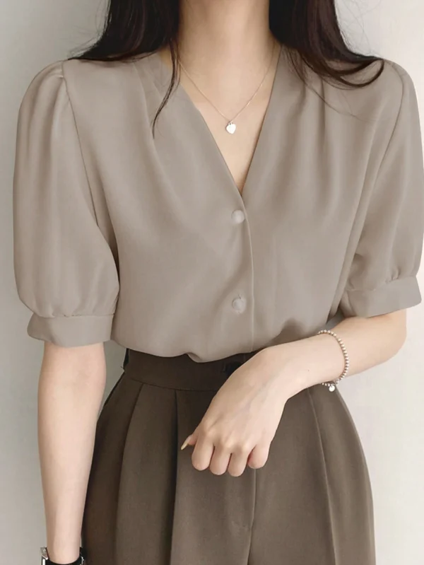 DAZY Puff Sleeve Button-Up Blouse – Elegant V-Neck Top (Size XL)