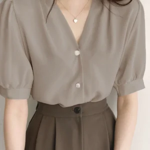 DAZY Puff Sleeve Button-Up Blouse – Elegant V-Neck Top (Size XL)