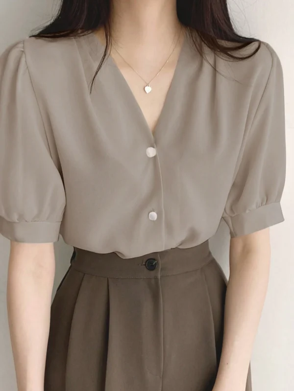 DAZY Puff Sleeve Button-Up Blouse – Elegant V-Neck Top (Size XL)