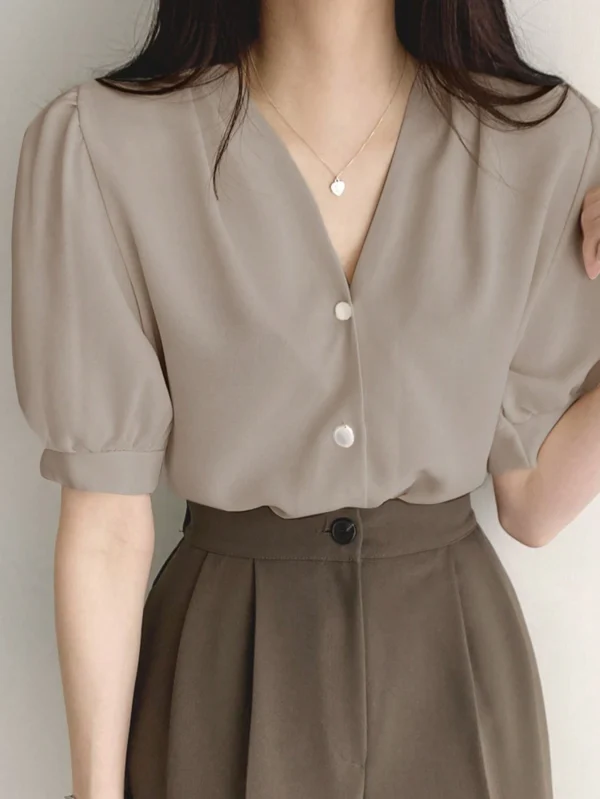 DAZY Puff Sleeve Button-Up Blouse – Elegant V-Neck Top (Size XL)