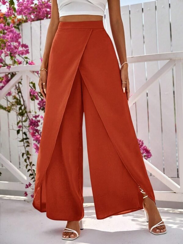 SHEIN Rust Orange Wide-Leg Wrap Pants – High Waist Flowy Trousers for Women (XL)