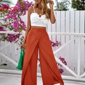 SHEIN Rust Orange Wide-Leg Wrap Pants – High Waist Flowy Trousers for Women (XL)