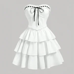 Shein White Strapless Ruffle Mini Dress – Tiered Skirt with Ribbon Detail, Size L
