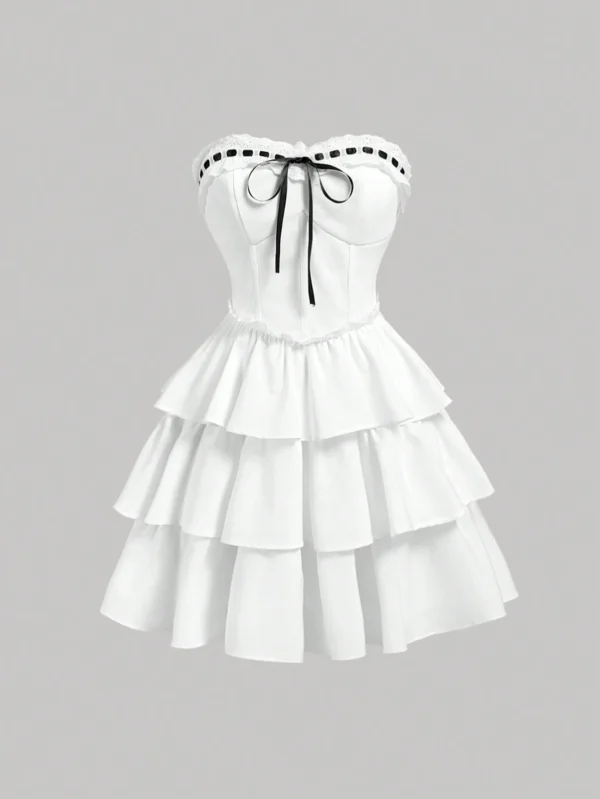 Shein White Strapless Ruffle Mini Dress – Tiered Skirt with Ribbon Detail, Size L