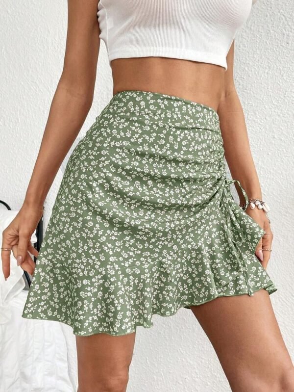 SHEIN Women's Floral Print Wrap Skirt – Green & White Daisy, Size L
