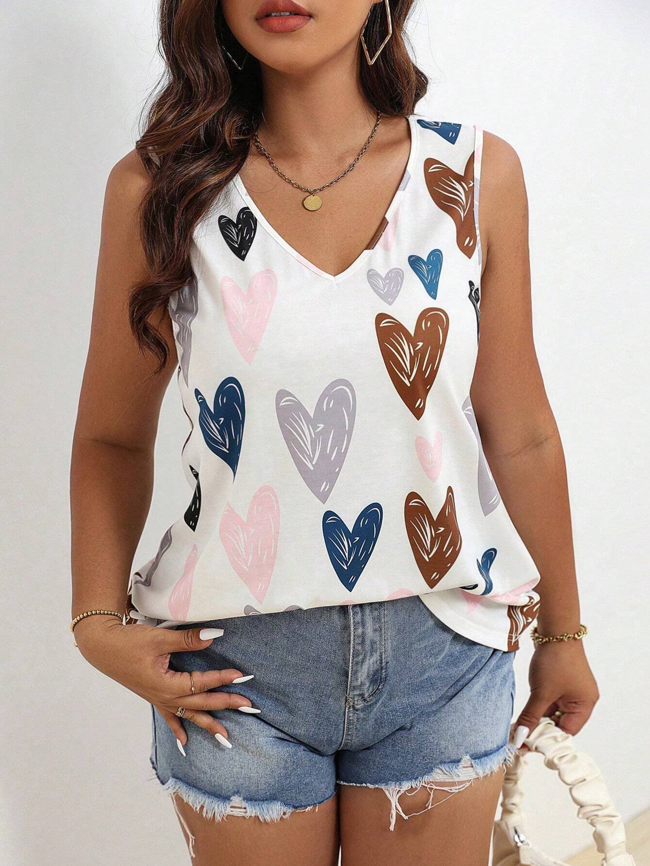 SHEIN Plus Size Heart Print Sleeveless Tank Top – Size 3XL