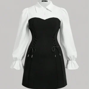 SHEIN Two-Tone Corset Shirt Dress with Puff Sleeves – Size S