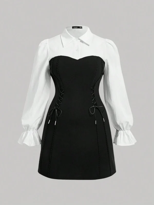 SHEIN Two-Tone Corset Shirt Dress with Puff Sleeves – Size S