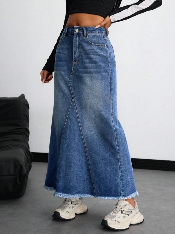 LogiFirst Distressed Raw-Hem Denim Maxi Skirt – Size L, Vintage A-Line Jean Skirt