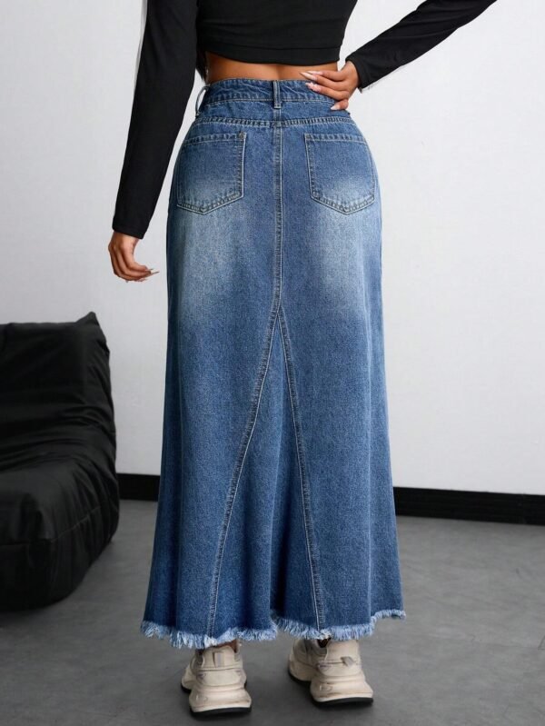 LogiFirst Distressed Raw-Hem Denim Maxi Skirt – Size L, Vintage A-Line Jean Skirt