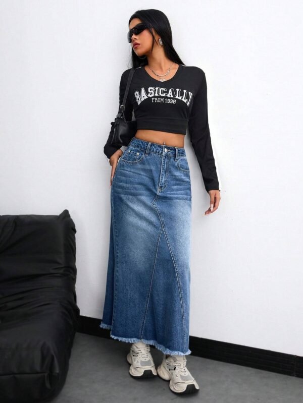 LogiFirst Distressed Raw-Hem Denim Maxi Skirt – Size L, Vintage A-Line Jean Skirt