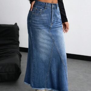 LogiFirst Distressed Raw-Hem Denim Maxi Skirt – Size L, Vintage A-Line Jean Skirt