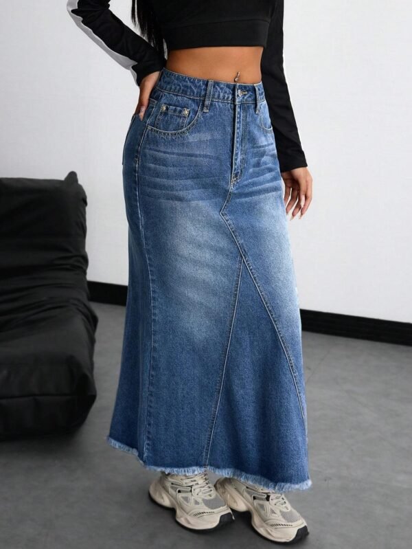 LogiFirst Distressed Raw-Hem Denim Maxi Skirt – Size L, Vintage A-Line Jean Skirt