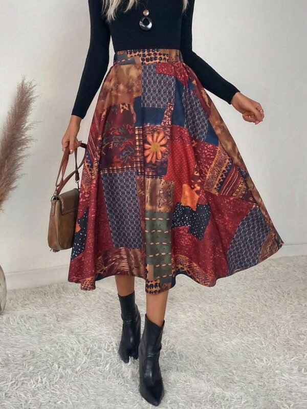 SHEIN Boho Patchwork Print A-Line Skirt – Size XL