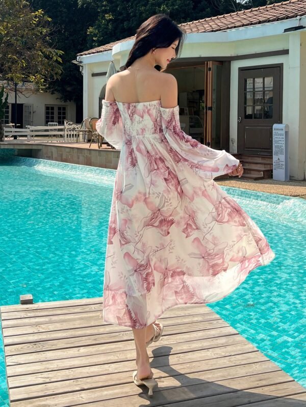 DAZY Off-Shoulder Floral Chiffon Maxi Dress – Elegant Summer Poolside Look (Size M)