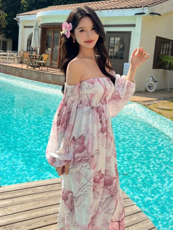 DAZY Off-Shoulder Floral Chiffon Maxi Dress – Elegant Summer Poolside Look (Size M)