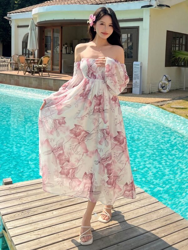 DAZY Off-Shoulder Floral Chiffon Maxi Dress – Elegant Summer Poolside Look (Size M)
