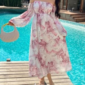 DAZY Off-Shoulder Floral Chiffon Maxi Dress – Elegant Summer Poolside Look (Size M)