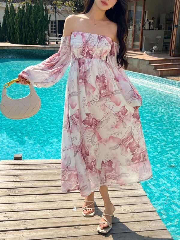 DAZY Off-Shoulder Floral Chiffon Maxi Dress – Elegant Summer Poolside Look (Size M)