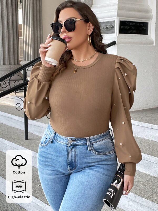 Shein XL Camel Puff-Pearl Sleeve Ribbed Body Blouse – Trendy & Chic