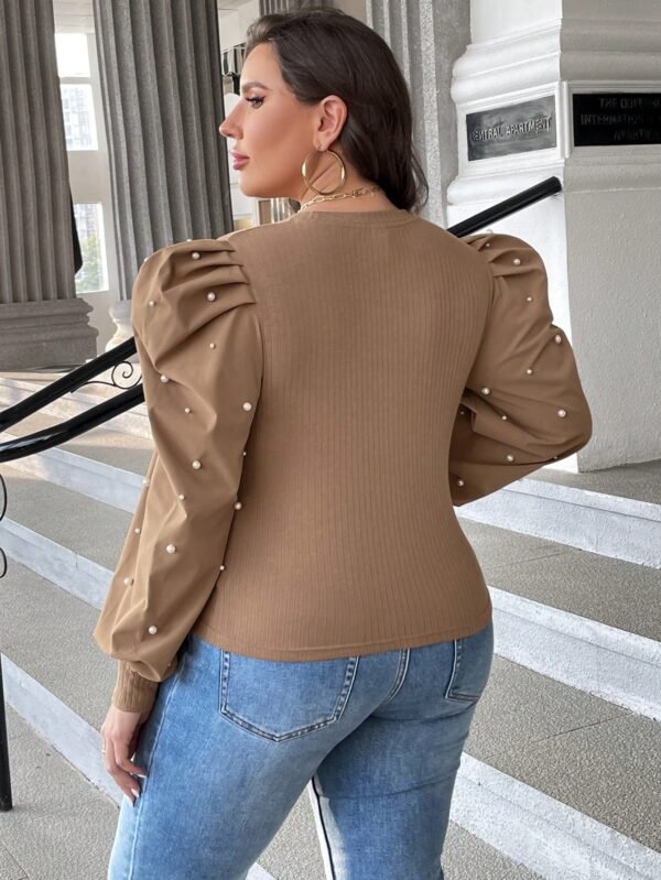 Shein XL Camel Puff-Pearl Sleeve Ribbed Body Blouse – Trendy & Chic