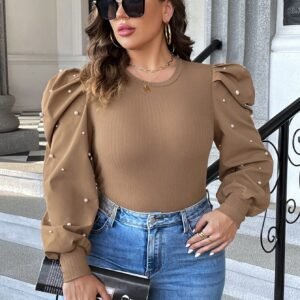 Shein XL Camel Puff-Pearl Sleeve Ribbed Body Blouse – Trendy & Chic