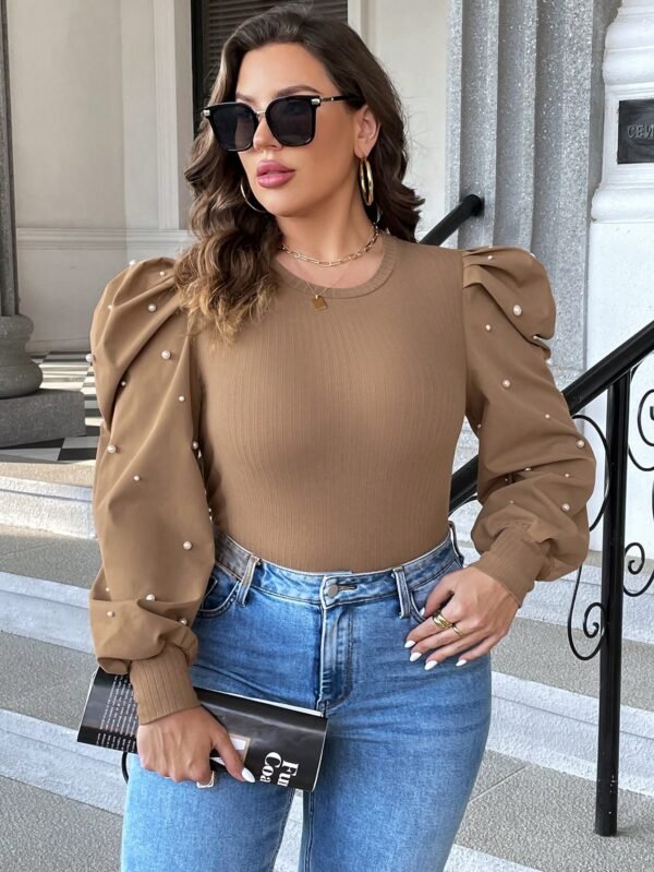 Shein XL Camel Puff-Pearl Sleeve Ribbed Body Blouse – Trendy & Chic