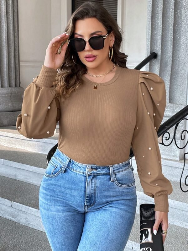 Shein XL Camel Puff-Pearl Sleeve Ribbed Body Blouse – Trendy & Chic