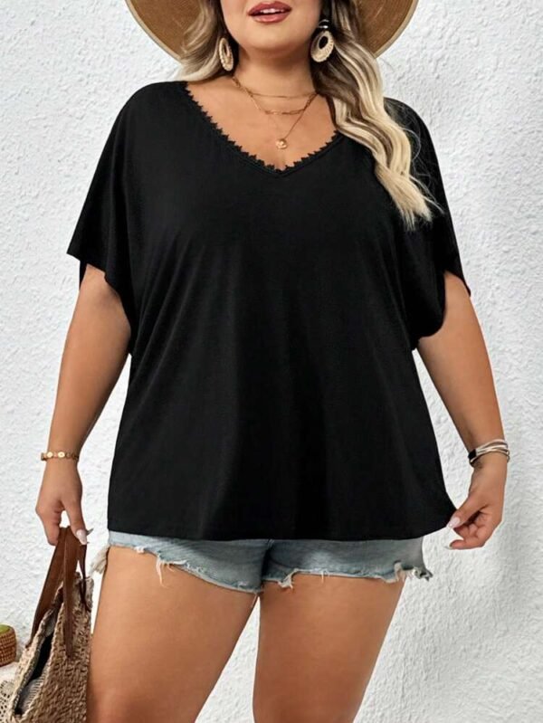 SHEIN Black V-Neck Lace Trim Short Sleeve Top – Size XL