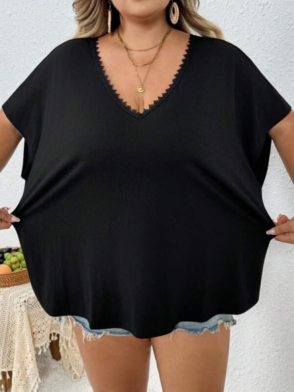 SHEIN Black V-Neck Lace Trim Short Sleeve Top – Size XL