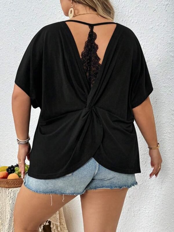 SHEIN Black V-Neck Lace Trim Short Sleeve Top – Size XL