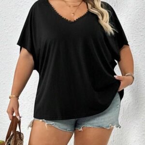 SHEIN Black V-Neck Lace Trim Short Sleeve Top – Size XL