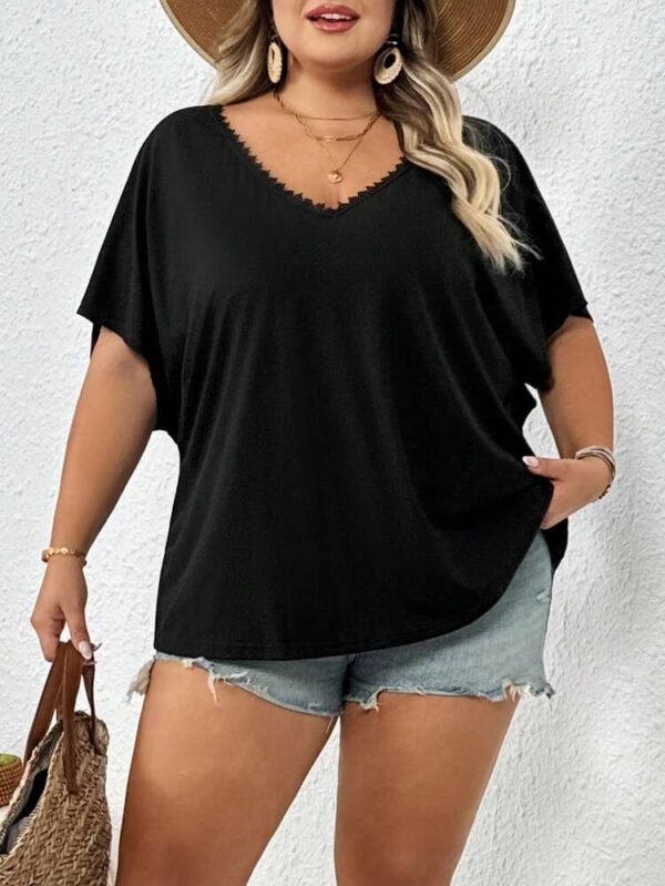 SHEIN Black V-Neck Lace Trim Short Sleeve Top – Size XL