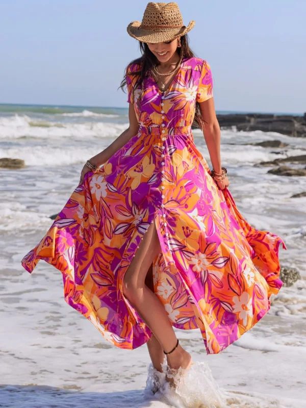 Shein Tropical Button-Front Maxi Dress – Orange & Purple Beach Vacation Dress, Size M