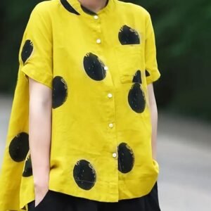 LogiFirst Women’s Yellow Polka‑Dot Button‑Down Blouse with Mandarin Collar – Size L