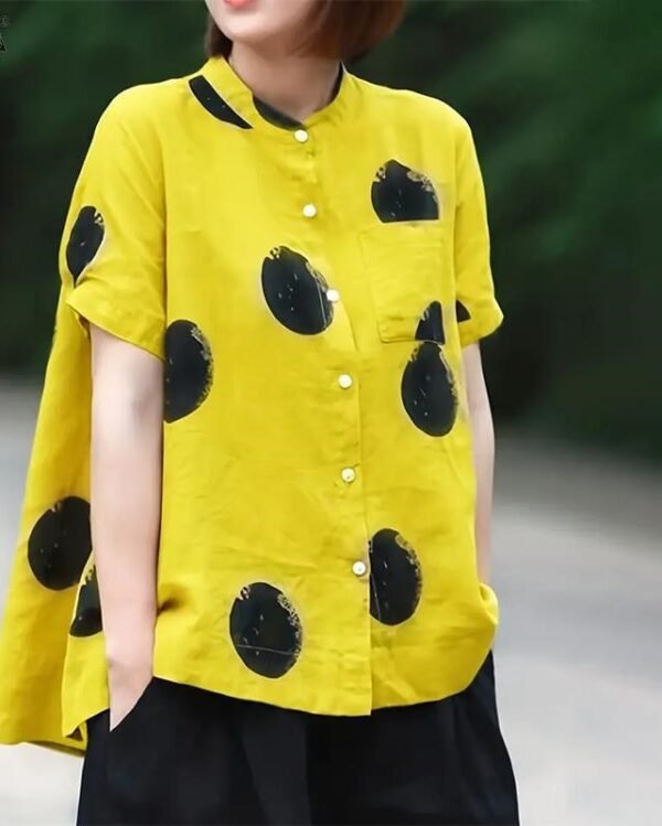 LogiFirst Women’s Yellow Polka‑Dot Button‑Down Blouse with Mandarin Collar – Size L